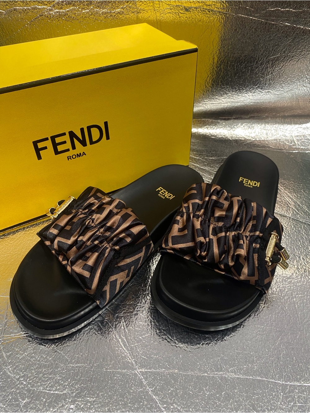 Fendi Brown Monogram Scrunch Slide Sandals